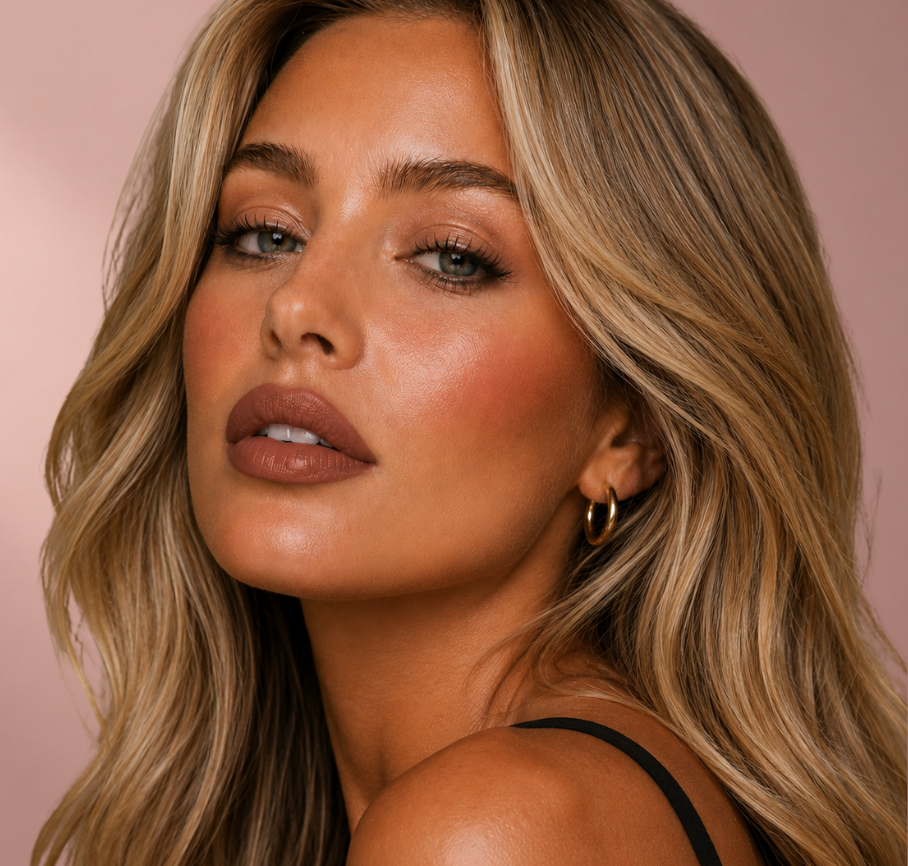 Model wearing Iconic Luminous Liquid Lipstick in a flattering nude-pink shade.