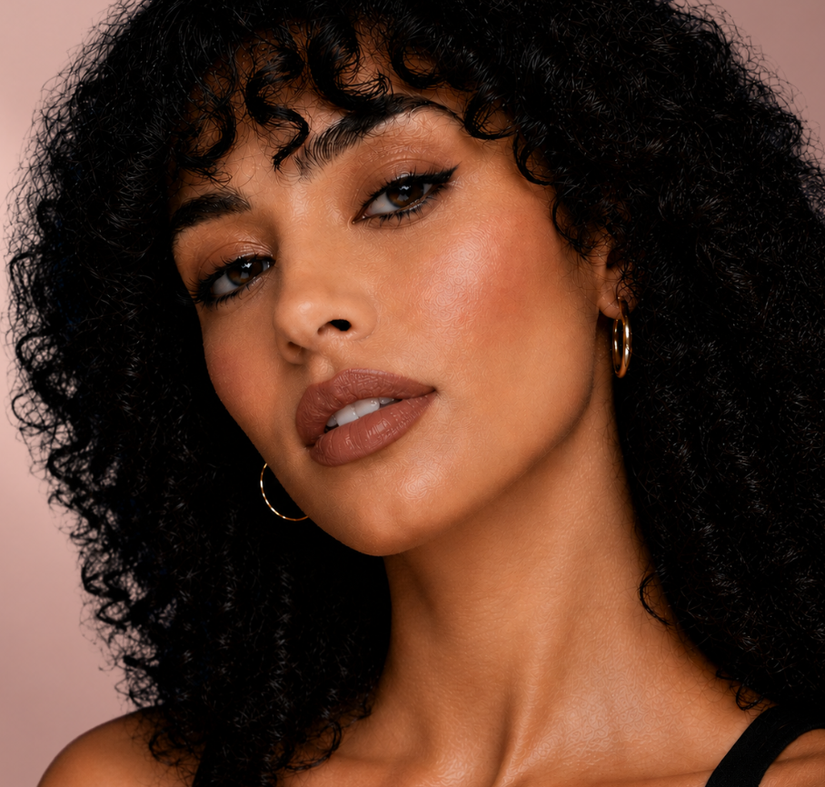 Model with curly hair wearing Iconic Luminous Liquid Lipstick, showing its versatile nude-pink color.