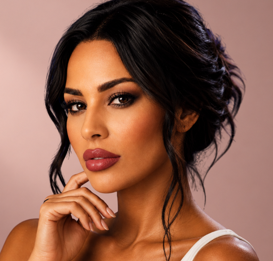 Model wearing Warrior Luminous Liquid Lipstick in a soft wine-pink shade.