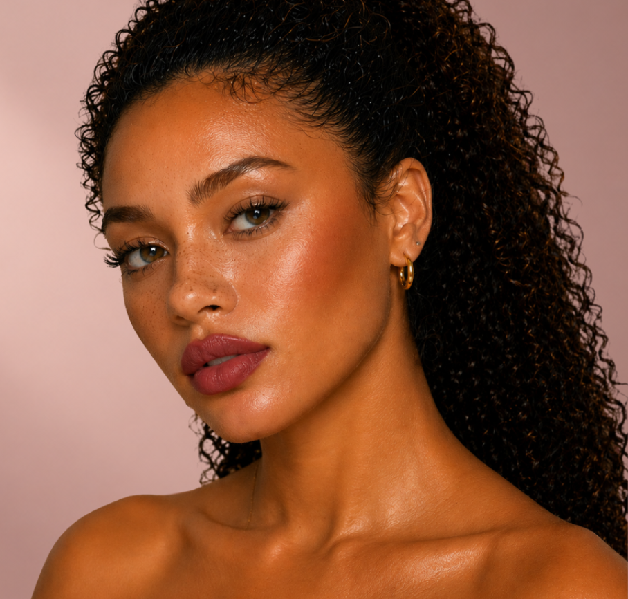 Model with deep skin tone wearing Warrior Luminous Liquid Lipstick, showing its warm wine-pink color.