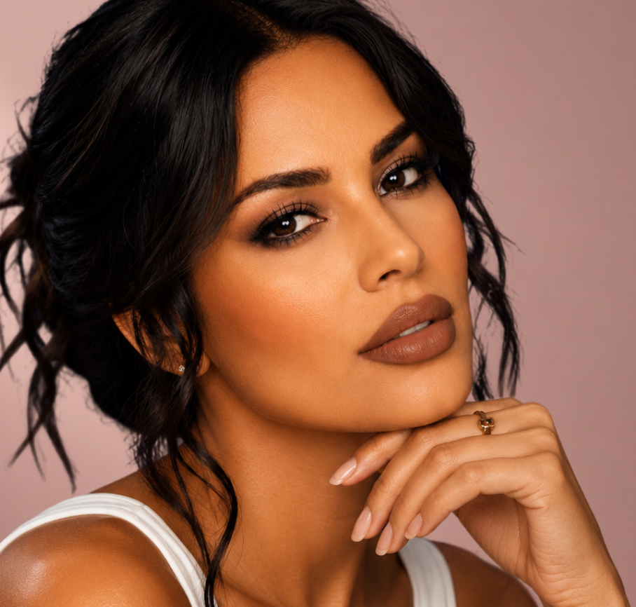 Model wearing Iconic Luminous Liquid Lipstick, showing its smooth nude-pink color and luminous finish.