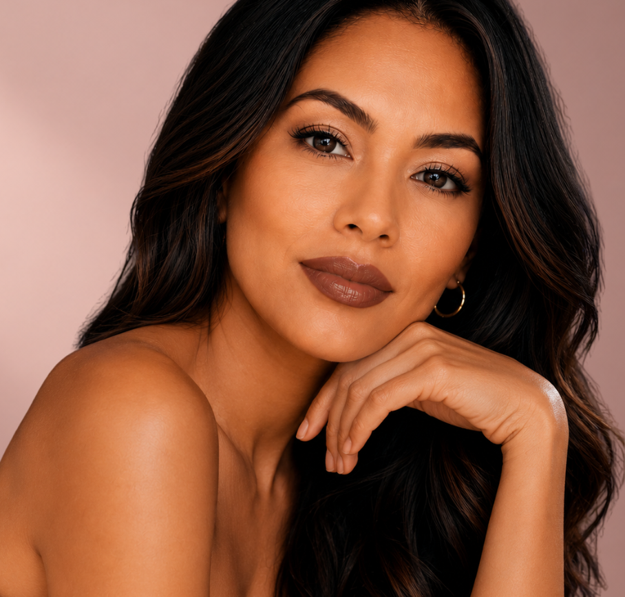 Model with medium skin tone wearing Iconic Luminous Liquid Lipstick in a nude-pink shade.